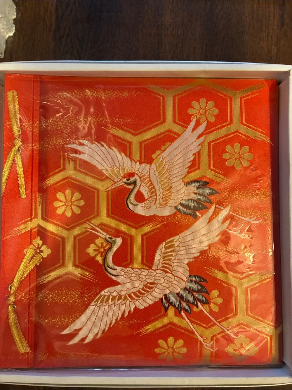 NEW VINTAGE Embroidered Crane Satin Photo Album - Red & Gold